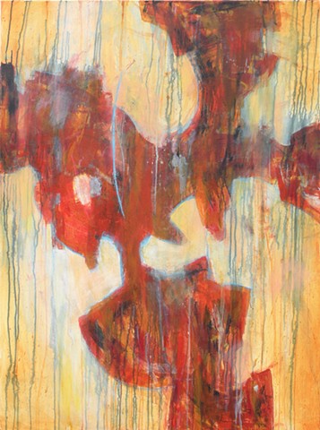 Abstract, nonrepresentational painting in acrylics on canvas in red, orange, yellow and blue by Leslie J. Dulin.