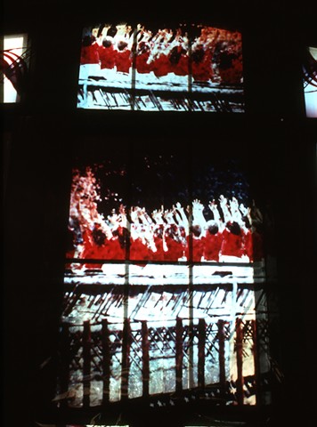 Center view. The Waves Of Children And The S's In Flags. 1991. 30ft x 15t. Cibachrome Transparencies. Cibachrome transparencies. Visual Studies Workshop. Rochester, NY.