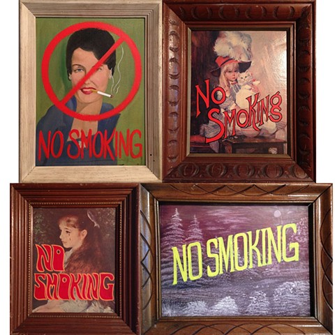 Altered thrift store paintings for "Absinthe" tent decor