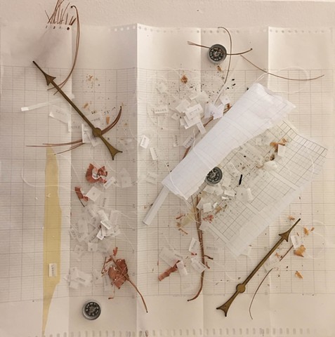 Scattered across the surface of aline of graph paper with perforated edges, and small pieces of paper, pencils shavings, pine needles, leaves and masking tape. Amongst this scatter, there are carefully placed brass arrows, one pointing to the top left cor