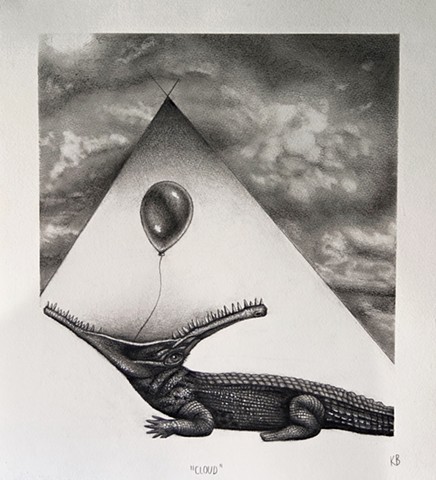 original drawing, charcoal, surrealism, graphite, pencil, psychadelic art, portland oregon, crocadile, alligator, dreamy art, cloud, katie barrett fine art