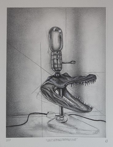 original drawing, study, vintage lamp, taxidermy, alligator, surreal art, surrealism, drawing, sketch, charcoal, pencil, ink, paint, katie barrett, portland oregon