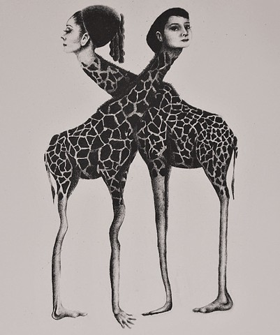 original, lithograph, surrealism, Audrey Hepburn Art, giraffe, psychadelic, print, printmaking