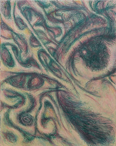 A face up close in green and magenta