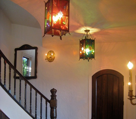 custom stained glass lanterns in the foyer