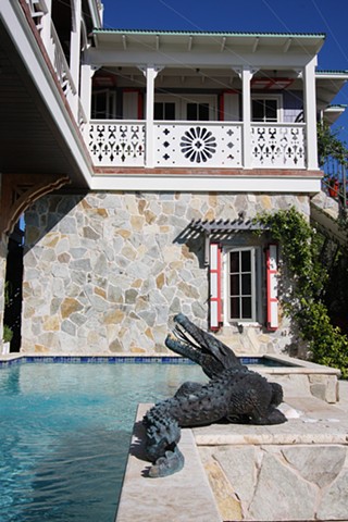 "archie", the pool fountain in front of the guest cottage