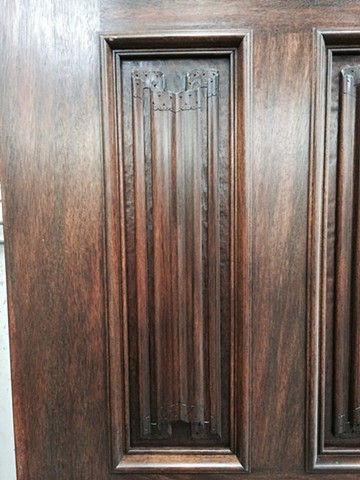 hand-carved, linen fold paneled door for clients foyer.  in the finishing process.