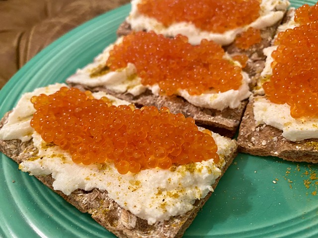 smoked trout caviar, cucumber labneh, curry dust, rykrisp