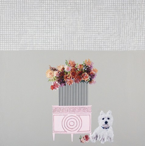 Dog, flowers, checkered pattern