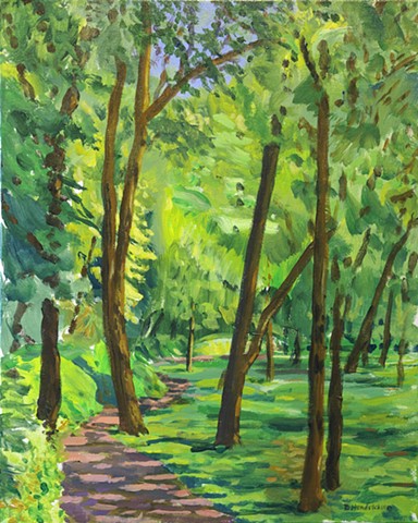 plein air landscape painting of cools pathway with green trees