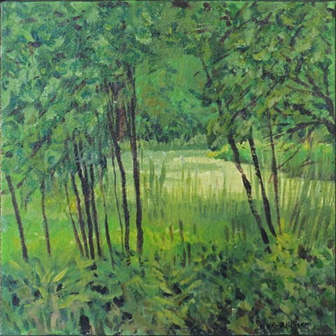 A small plein air painting of trees and pond in Minnetonka MN park