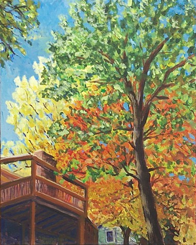vertical landscape painting of autumn yellow, orange, and green trees against a blue sky in a backyard setting
