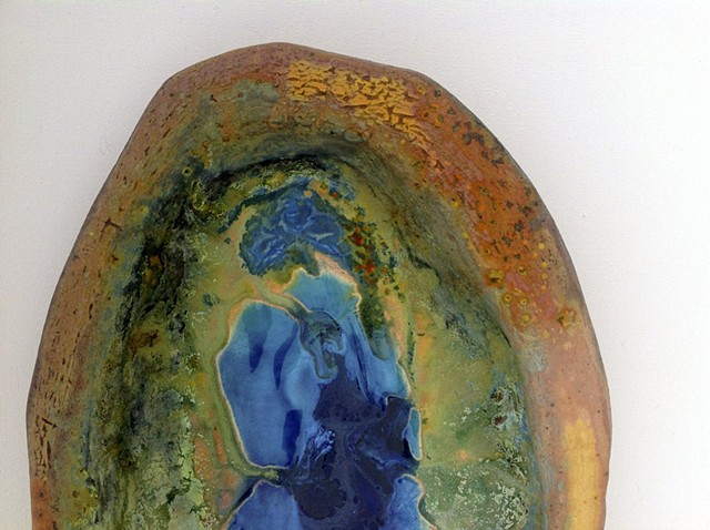 Handbuilt ceramic art piece for wall display. Original glazes, one of a kind.