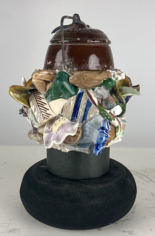 Michel Thompson Chicago artist, Memory jug, mosaic, stoneware jug, memory jug art