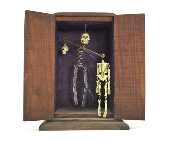 Joseph Cornell box, found object sculpture, skeleton sculpture, Beheadings,  Day of the Dead sculpture,  michael thompson chicago artist, 