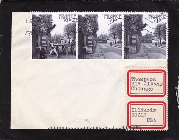 Michael Thompson Chicago artist, fake postage stamps, artiststamps, art stamps, Yves Klein Postage stamp