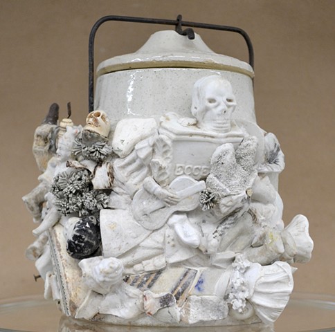 Michael Thompson Chicago artist, Pandemic memory jug, covid19 artwork, found object sculpture, stoneware, memory jug