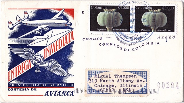 Michael Thompson Chicago artist, fake postage stamps, artiststamps, art stamps, Columbian Postage stamp, Poppy stamp