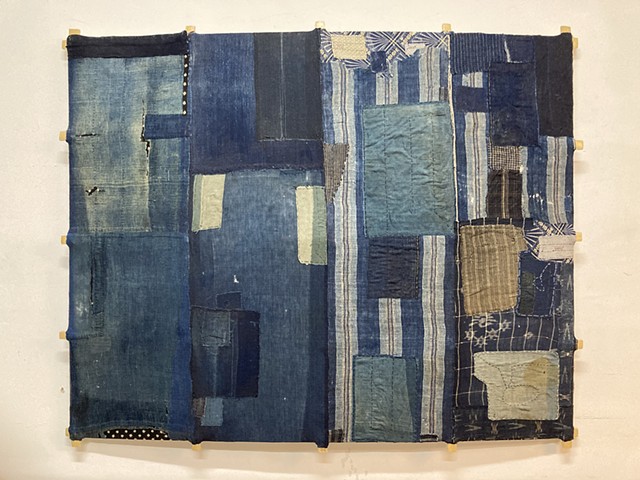 Michael Thompson Chicago artist, indigo fabric, Japanese boro fabric, patched indigo boro fabric 