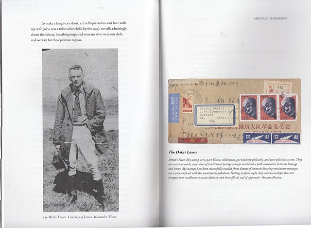 Michael Thompson Chicago artist, Kurt Vonnegut Museum, fake postage stamps, Chinese stamps, Dalai Lama