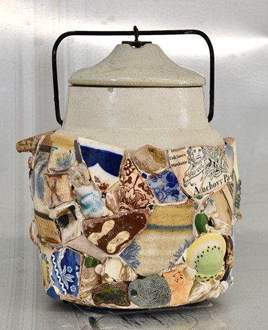 Michael Thompson Chicago artist, memory jug, assemblage, collage, found object sculpture, stoneware, memory jug