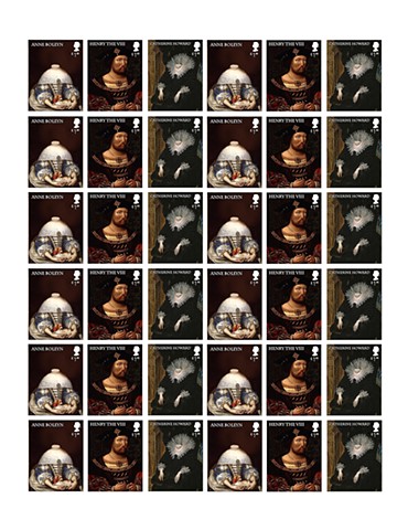 Michael Thompson Chicago artist, fake postage stamps, artiststamps, art stamps, Henry the 8th Wives