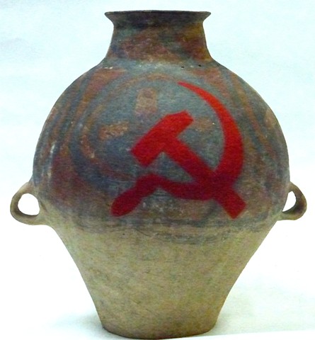 Michael Thompson Chicago artist, Ai Wei Wei, neolithic pot, ai wei wei homage, painted neolithic vase, hammer and sickle, michael thompson Chicago artist, 