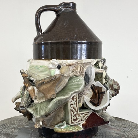memory jug, mosaic, stoneware jug, memory jug art