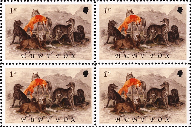Michael Thompson Chicago Artist, artistamps, Fox Hunting Commemorative stamp, British stamps, fake British stamps