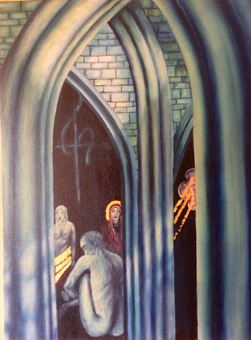 Two women and a man in gothic setting 