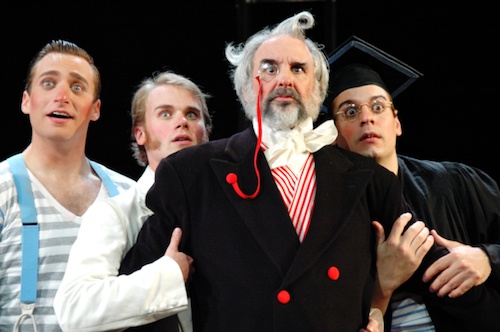 Gremio (Jon Daly) surrounded by Biondello , Tranio "as Lucentio", and Lucentio "as Tranio" (left to right Zach Fine, Evan Fuller, Chris Hirsch)