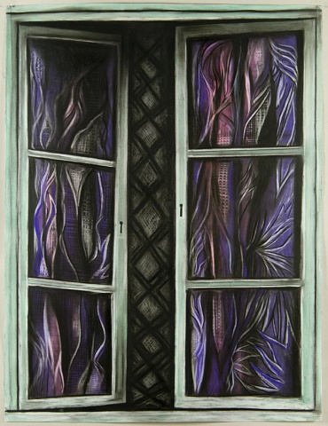 Window #12 purple curtain