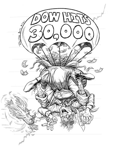 Dow hits 30,000 milestone, diaper parachute, markets, digital ink, stocks, money, editorial illustration