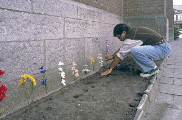 (instalando las flores de plástico en el exterior de la iglesia, 1992