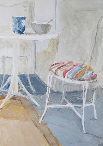 Kari Dunham, 40 Days Forty Sacraments, Day 16, gouache painting interior table and chairs