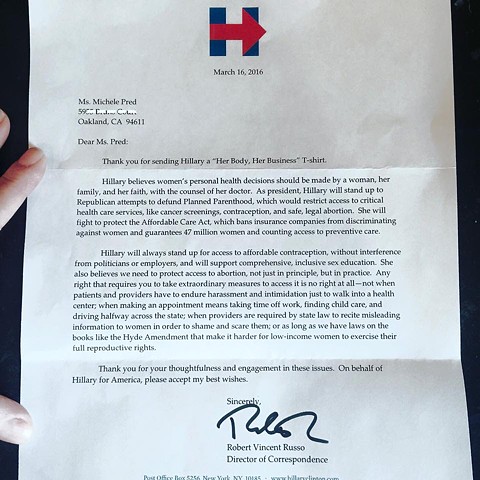 Letter from Hillary Clinton's Director of Correspondence  in response to receiving the T-shirt
