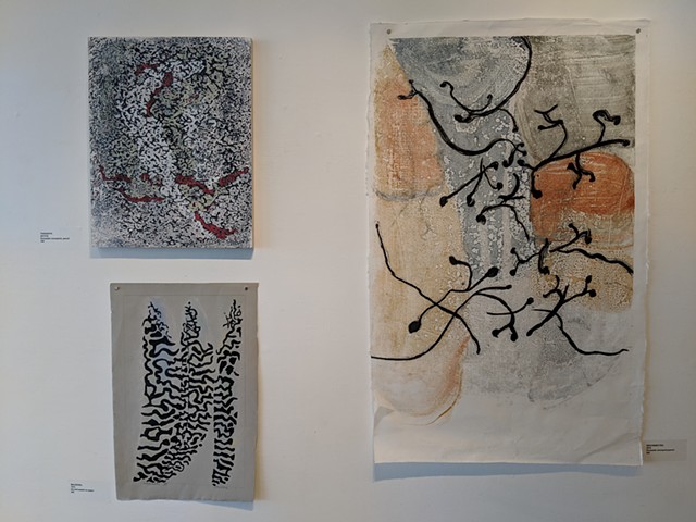 Clockwise from upper left: encaustic/pencil 2017; encaustic monoprint 2018; ink and pencil drawing 1974