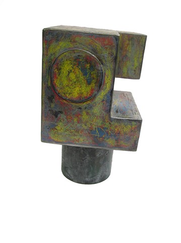 Painted steel abstract sculpture, geometric form,mweathered paint finish
