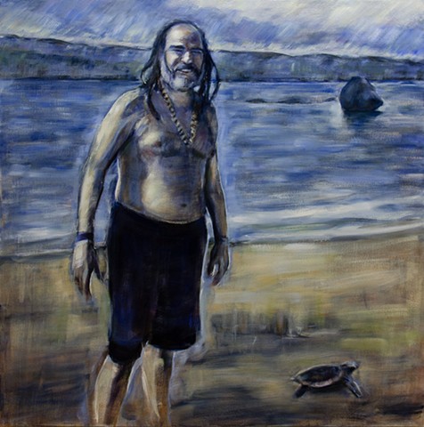 bather with turtle