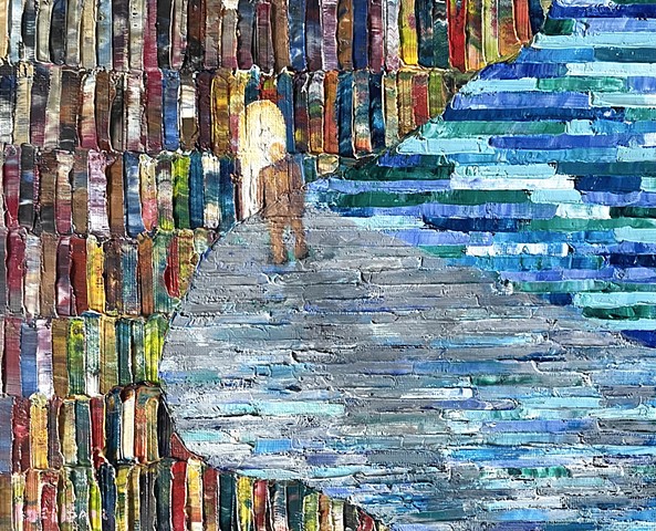 color bar painting of man at gate on the water