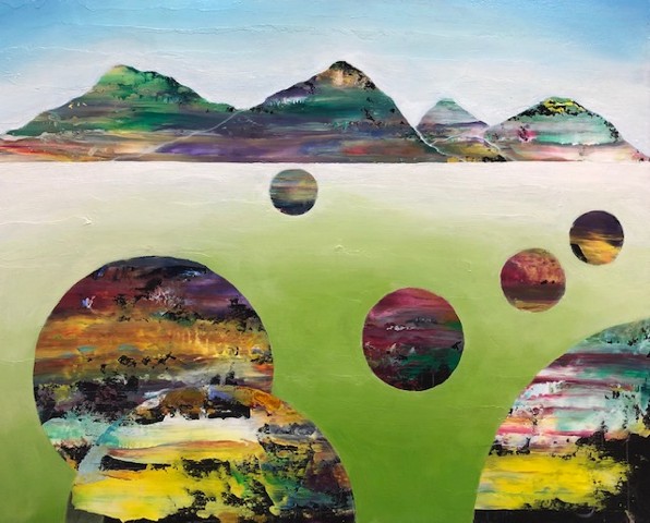 Abstract and surreal oil painting with spheres and mountains by Joel Barr Atlanta Artist