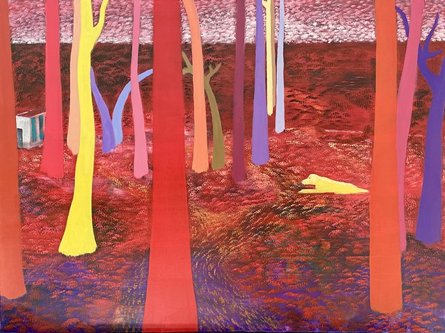 Oil on canvas abstract art vivid colors animal walking in woods holiday sale joel barr savannah artist