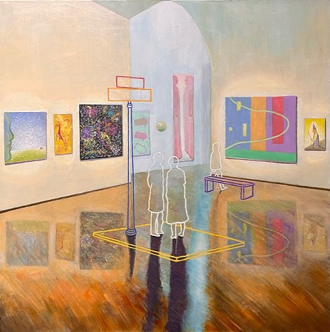 Surreal oil painting of museum exhibition by Joel Barr Atlanta artist