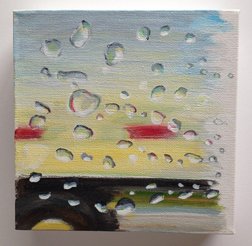 Small art Acrylic on gallery wrapped canvas depicts looking through a rainy car window at a passing semi truck in Texas.
