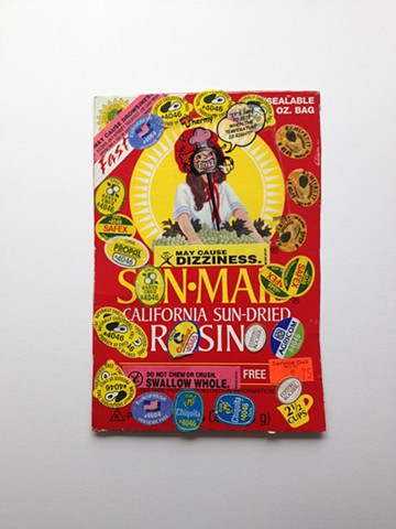 An over-sized postcard made from collage on red Sun-Maid Raisin Box, with stickers and pharmaceutical warning labels. Day One of 100Day project, sending Artmail to my son in New York City every day