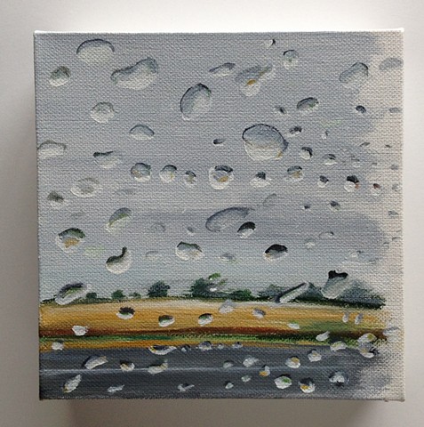 Acrylic on Canvas  Painting of raindrops on car window looking at Texas Landscape on a rainy day