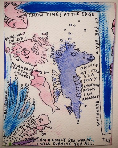 Cartoon with sea horses, jelly fish, blue coral, about feeding time at a public aquarium created with ink and acrylic on discarded Coldpress watercolor paper