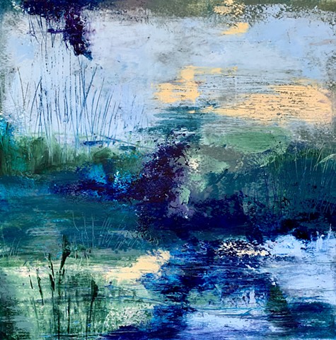 Abstract art, oil and cold wax medium, shoreline image