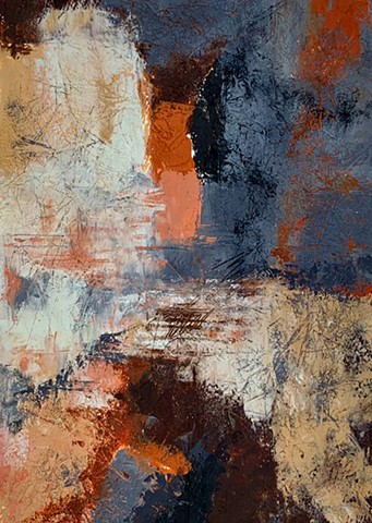 This is a contemporary abstract oil and cold wax painting. Colors: russet, rust, black, grey, tan, peach