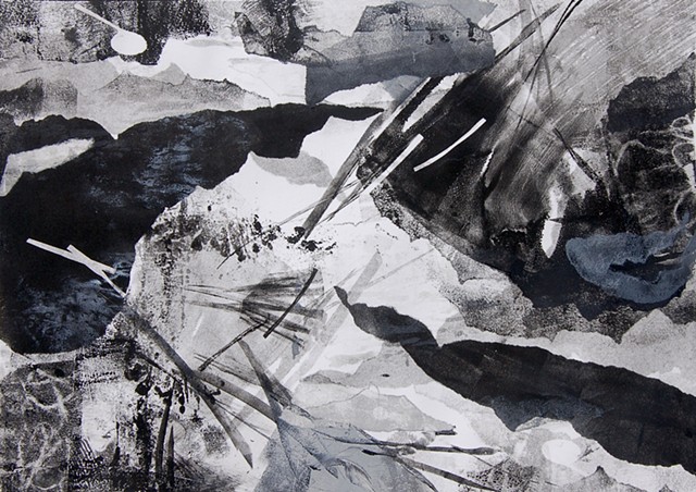 Monotype, black and white, abstract landscape